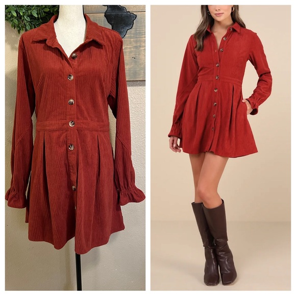 NWT Lulus Autumn Mood Rust Red Corduroy Mini Dress With Pockets - Picture 1 of 8